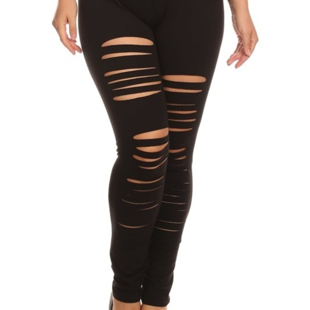 Plus Size High Waist Leggings Distressed Shredded - Picture 2 of 5